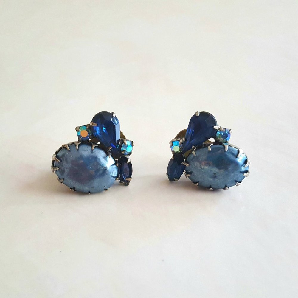 Vintage Blue Crystal Clip On Earrings